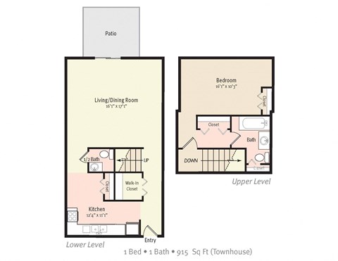 1BR 1Bath TH Floor Plan at Kings Trail Apartment Homes, Jacksonville Florida